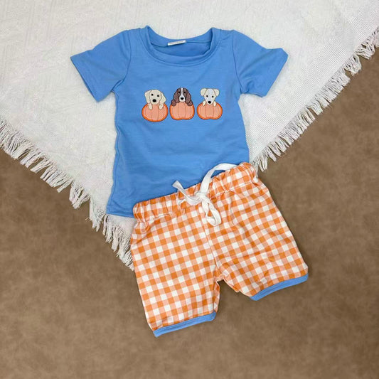 Baby Boys Sibling Pumpkin Dog Applique Shorts Set and Romper