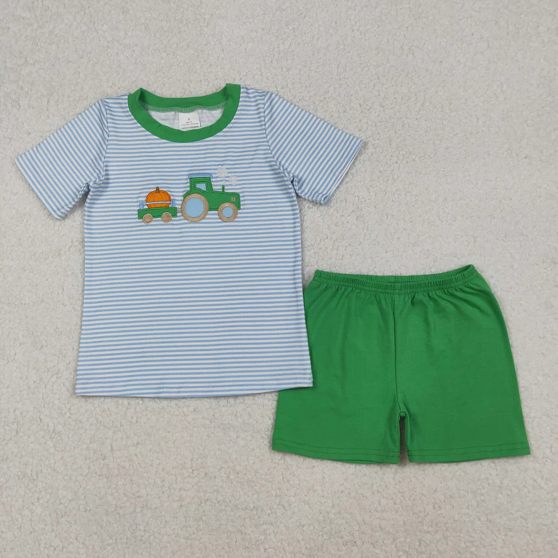 Sibling Baby Boys Blue Striped Pumpkin Truck Applique Top With Shorts Set /Romper