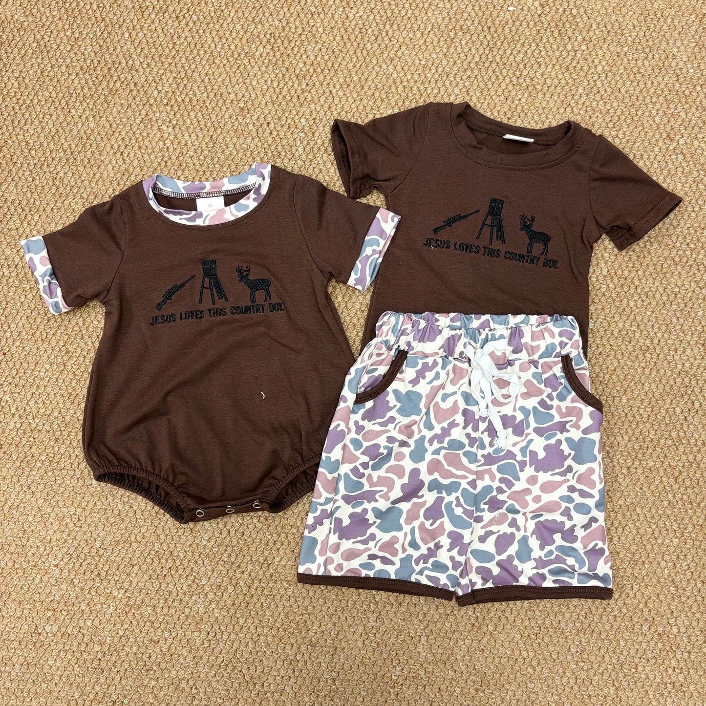 Jeses Loves this country Boy sibling baby camo shorts set/bubble romper
