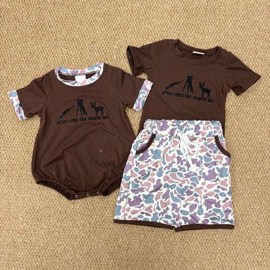 Jeses Loves this country Boy sibling baby camo shorts set/bubble romper