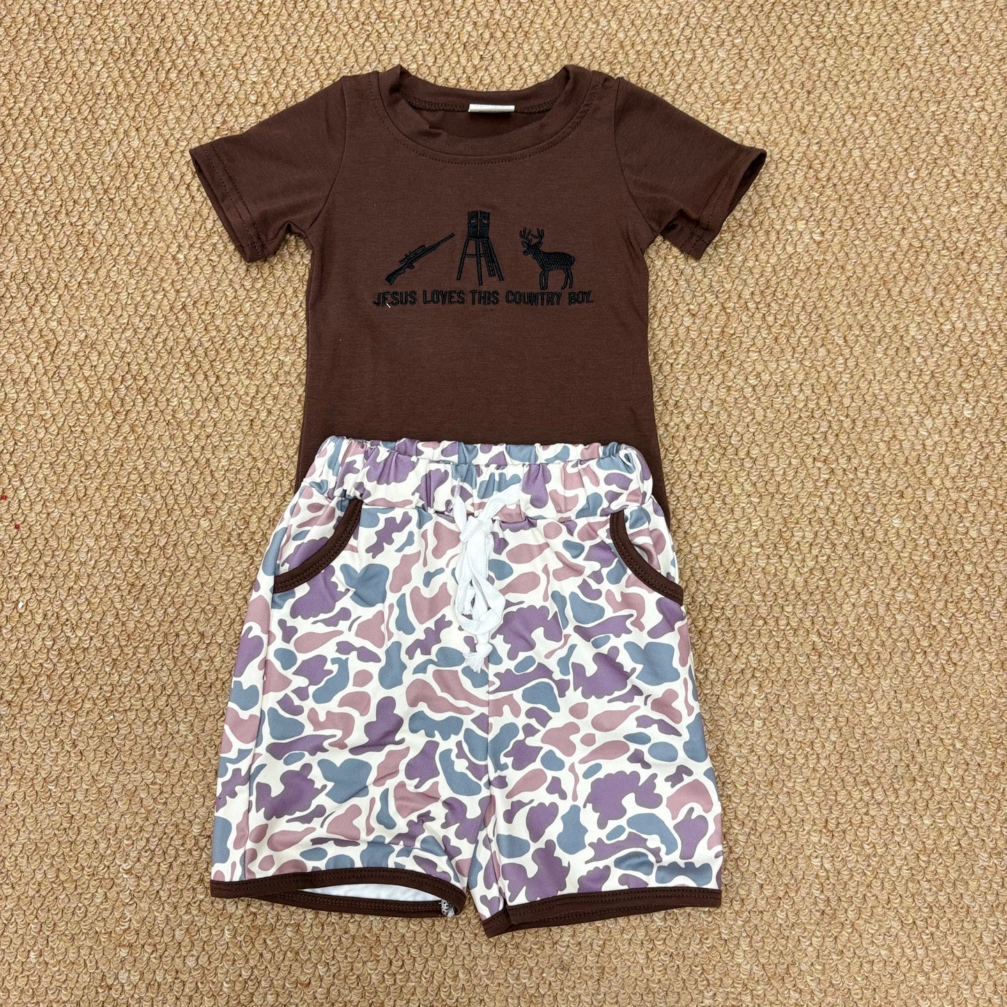 Jeses Loves this country Boy sibling baby camo shorts set/bubble romper