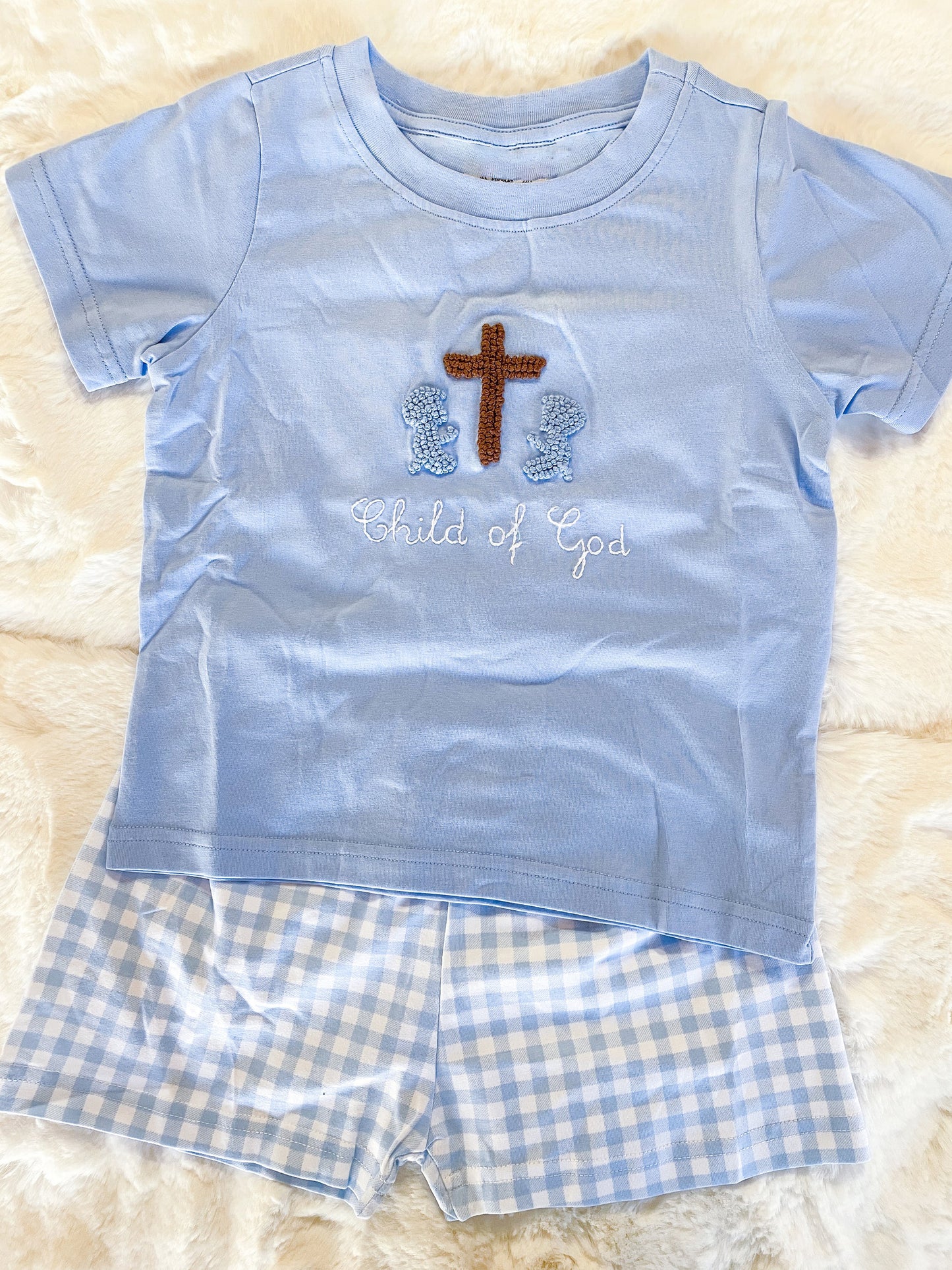 BSSO1714 Baby Boys Easter Cross Blue Short Sleeve With Gingham Shorts Set Preorder