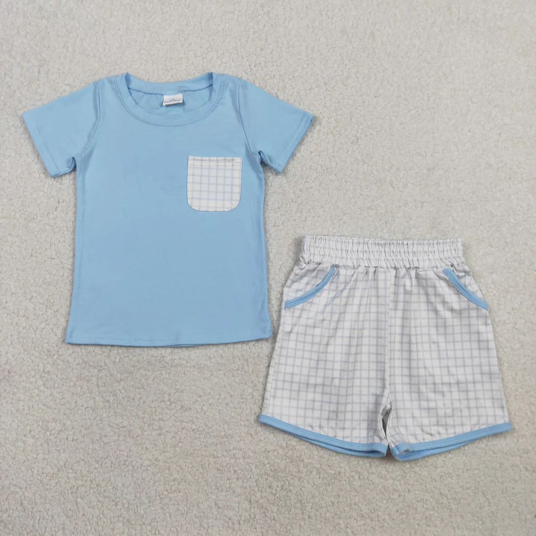 Sibling Baby Boys Blue Top With Pocket Shorts Outfit /Bubble Romper