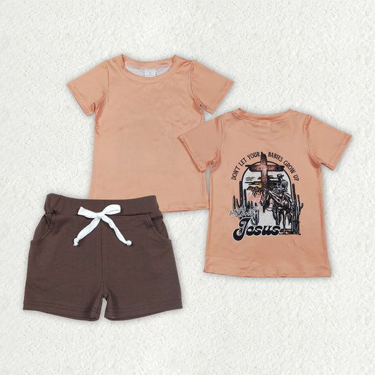Baby Boys Western Horse Short Sleeve T-shirt Top +Brown Shorts Outfit