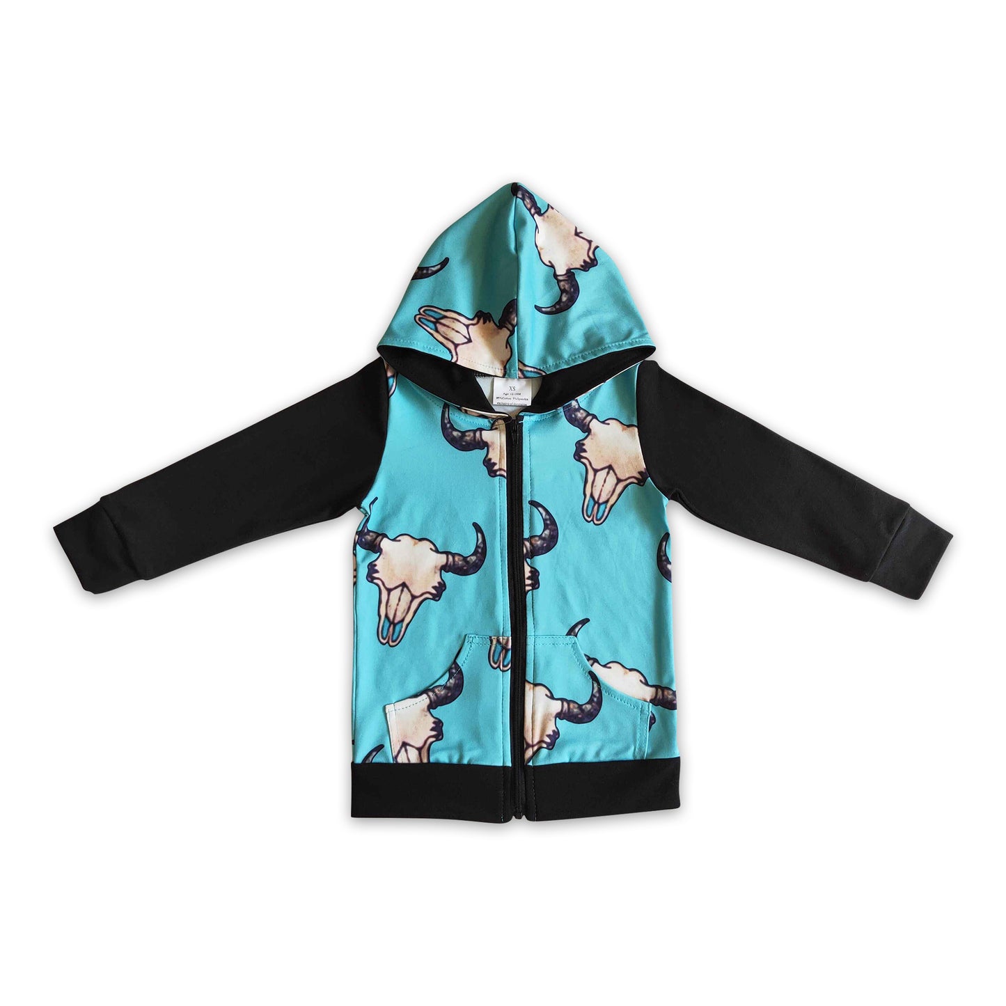 Baby Boys Zipper Hoodie Bell Skull Print Black Long Sleeves Pocket Top