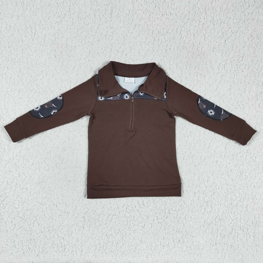 Baby Boys Dark Brown Long Sleeves Zipper Pullovers Top