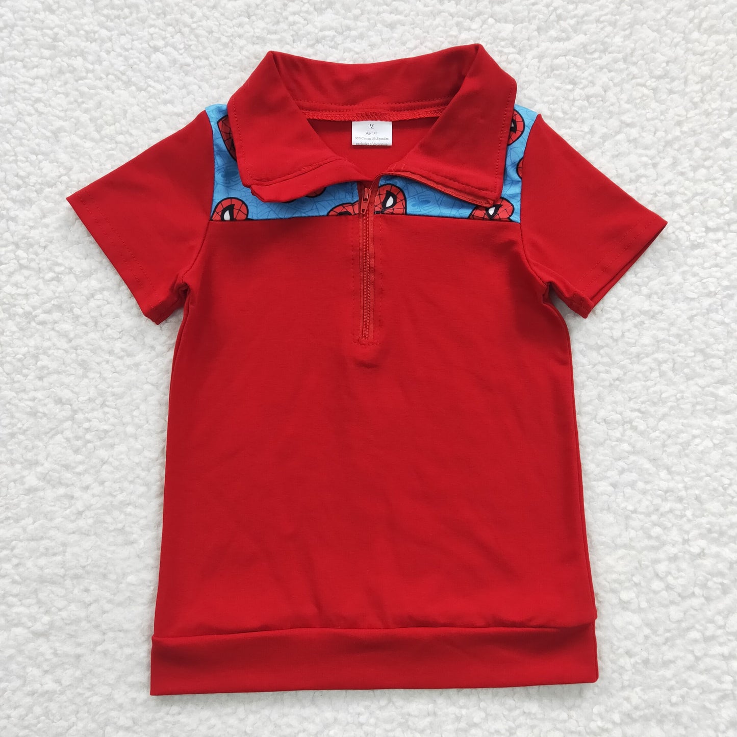 BT0158 Baby Boys Red Cartoon Print Short Sleeves Zipper Pullovers Top