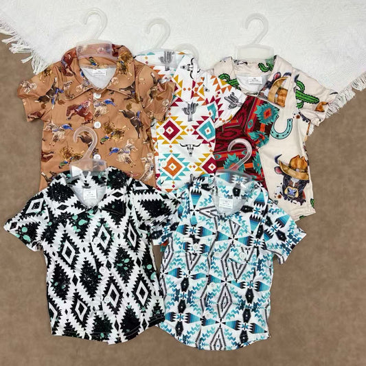 Western Country Cowboys Toddler Sibling  Short Sleeve Button Down Shirt Top