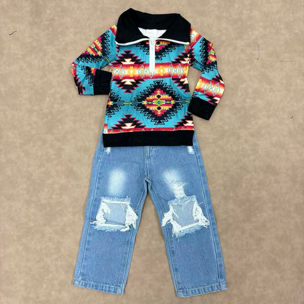 Toddler Boysb Western Aztec Pullovet Top With Denim pants Set