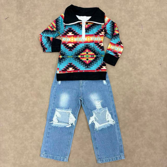 Toddler Boysb Western Aztec Pullovet Top With Denim pants Set