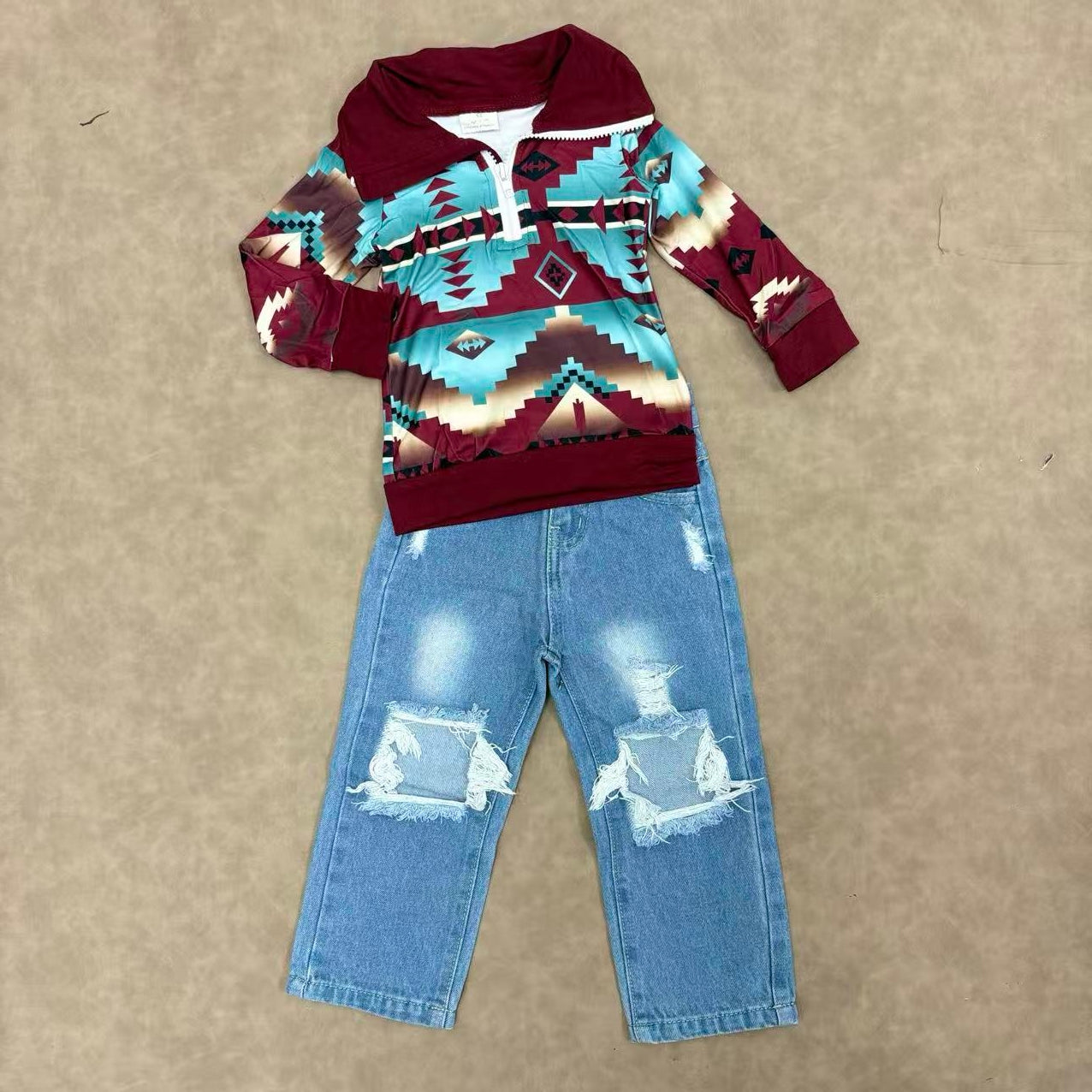 Toddler Boysb Western Aztec Pullovet Top With Denim pants Set