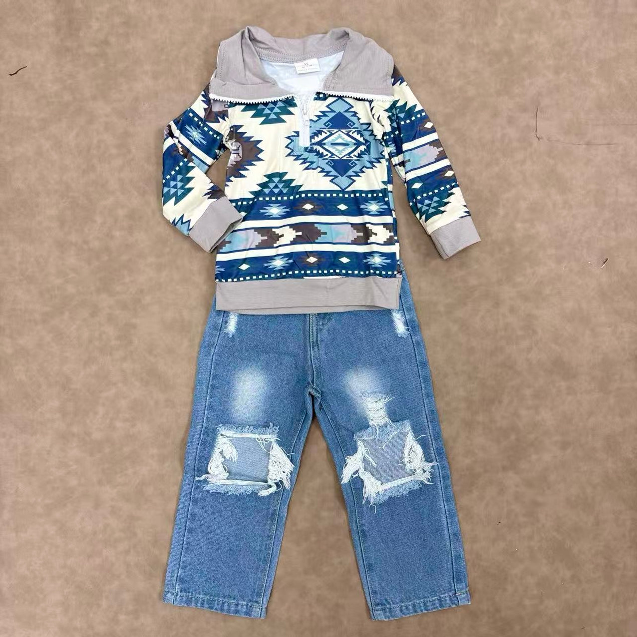 Toddler Boysb Western Aztec Pullovet Top With Denim pants Set