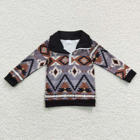 Baby Boys Black Long Sleeves Aztec Print Zipper Pullovers