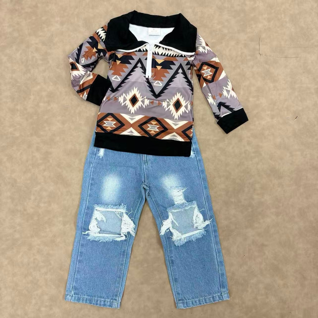 Toddler Boysb Western Aztec Pullovet Top With Denim pants Set