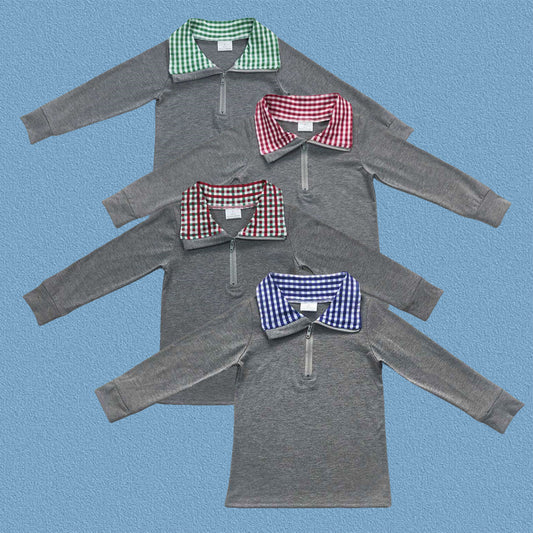 Baby Boys Sibling  Grey Gingham Zippy Pullover Top