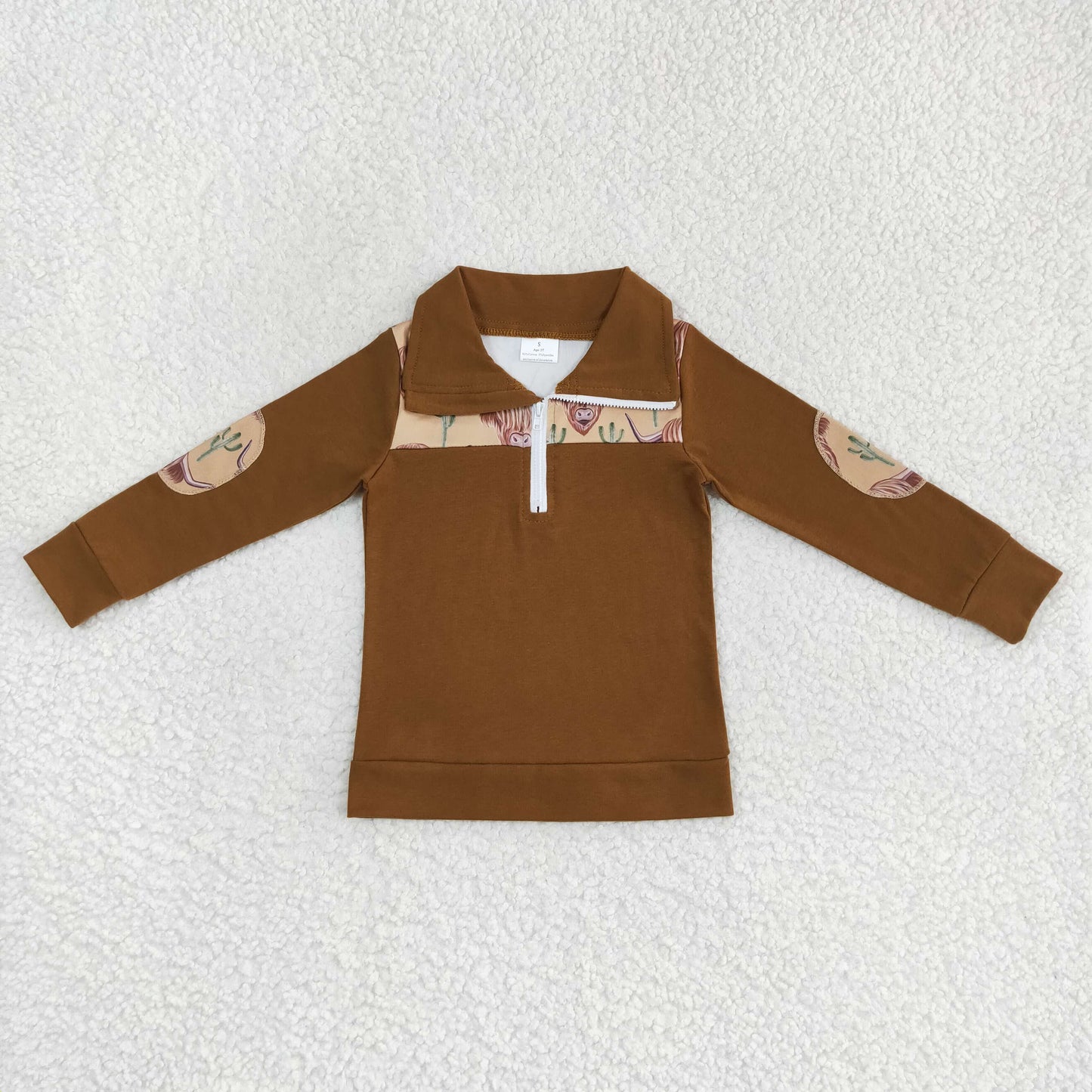 Baby Boys Khaki Long Sleeves Highland Cow Western Zipper Pullovers