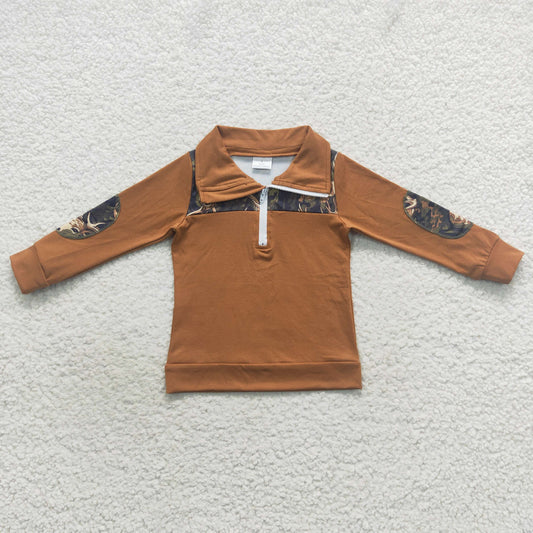 Baby Boys Light Brown Long Sleeves Zipper Pullovers Top