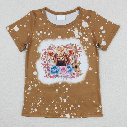 Baby Girls Highland Cow Flowers Bleched Tee Shirts Tops