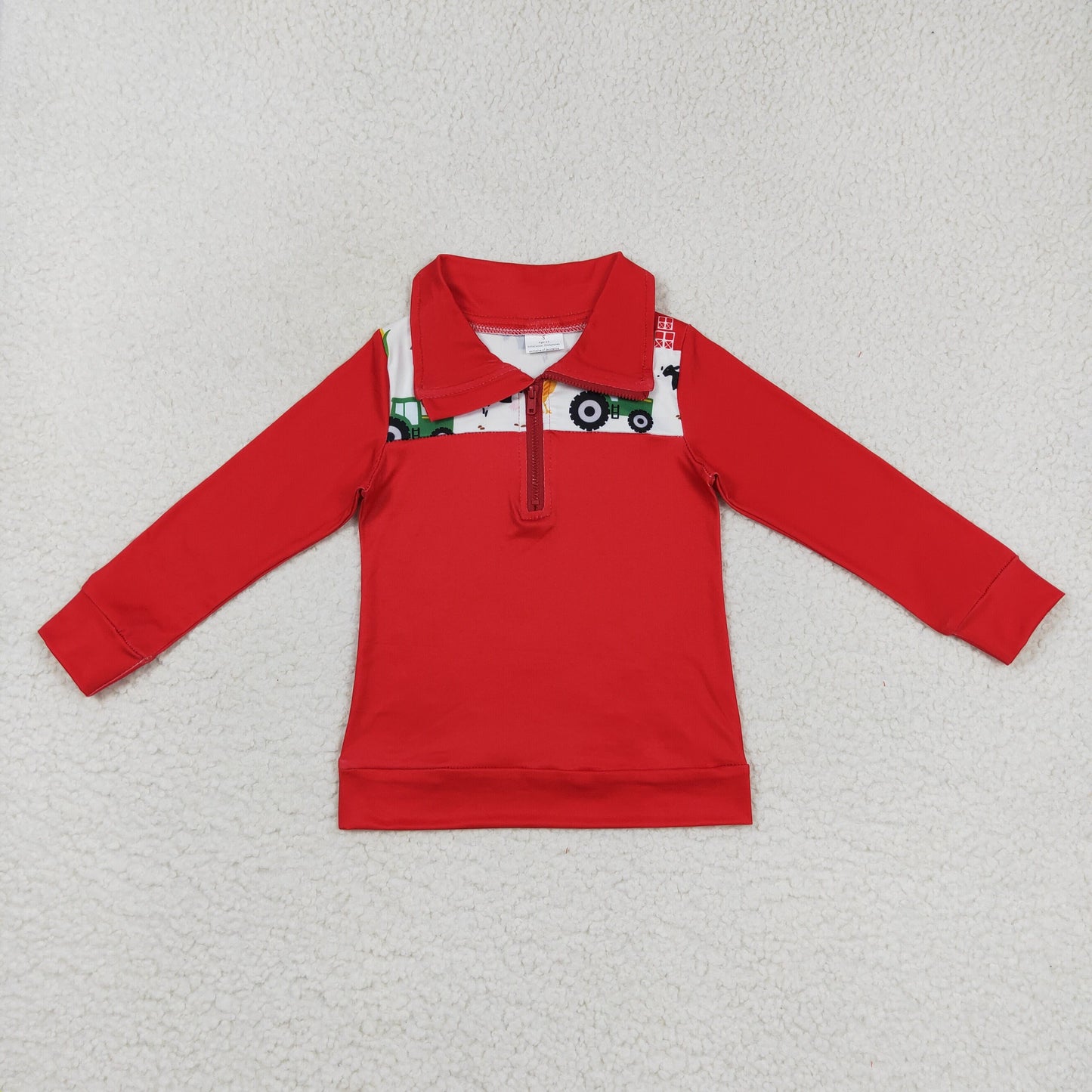 Baby Boys Red Long Sleeves Trucks Cows Farm Zipper Pullovers Top