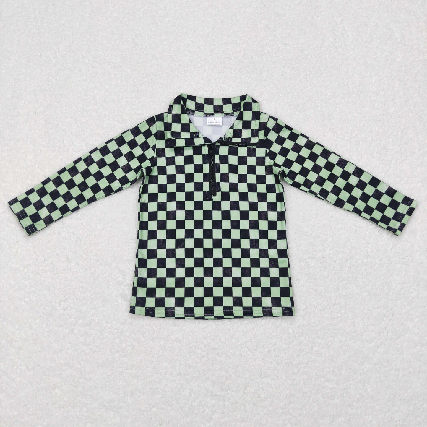 Baby Kids Black Green Checked Long Sleeve Zipper Pullover Tops