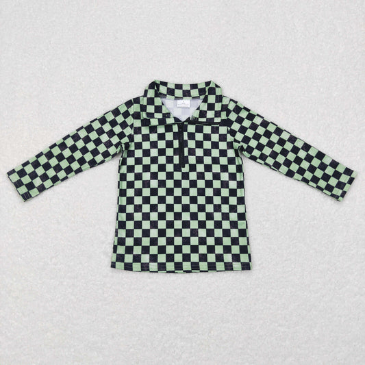 Baby Kids Black Green Checked Long Sleeve Zipper Pullover Tops