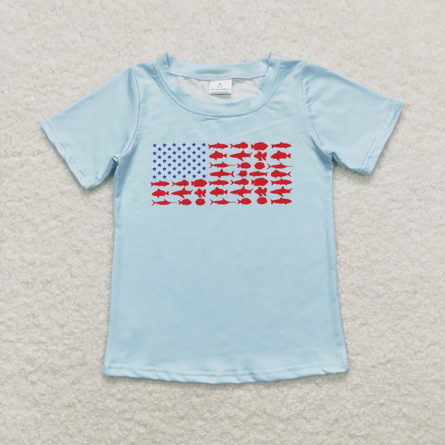 Baby Boys Blue Short Sleeves Blue Stars Red Fishes 4th Of July Shirts Top