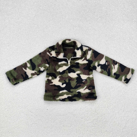 Green Camo Winter Long Sleeve Warm Kids Zipper Sherpa Pullover Top