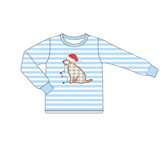 BT0791  Baby Boys Christmas Dog Blue Striped Long Sleeve T-shirt Top