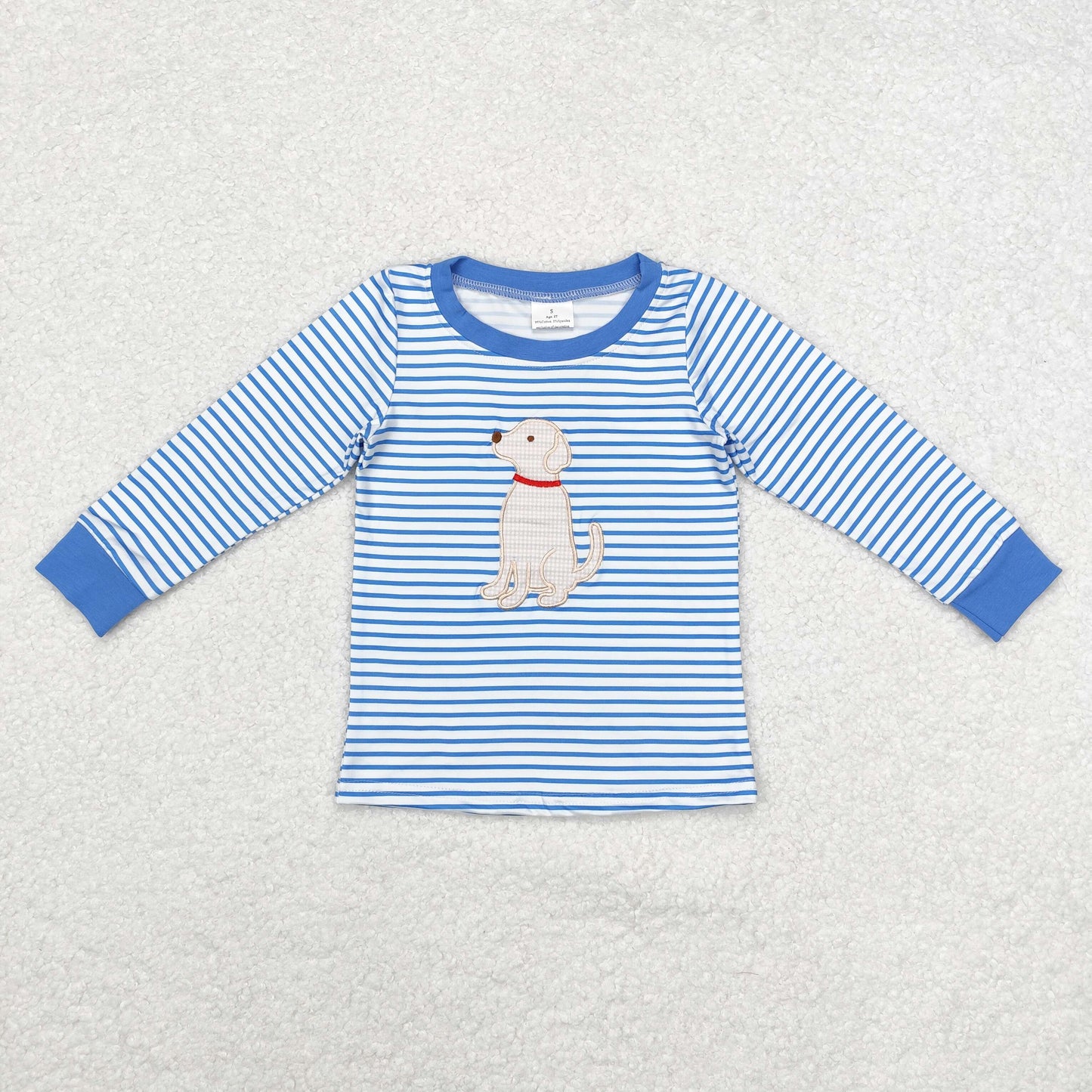 Baby Girls Boys Sibling  Embroidery  Dog Blue Striped Matching Clothing