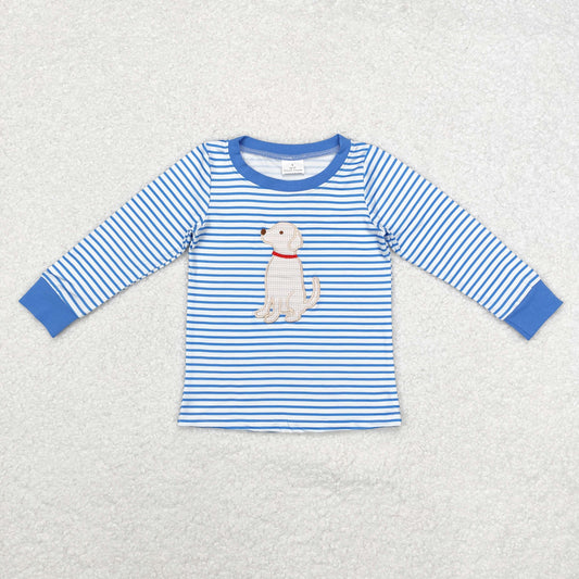 BT0808 Baby Boys Embroidery Dog Blue Striped Long Sleee Top