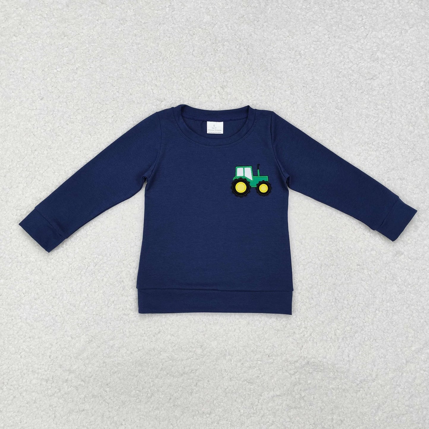 Sibling Baby Boys Farm Truck Appliaue In Navy Cotton Long Sleeve Pullover Top