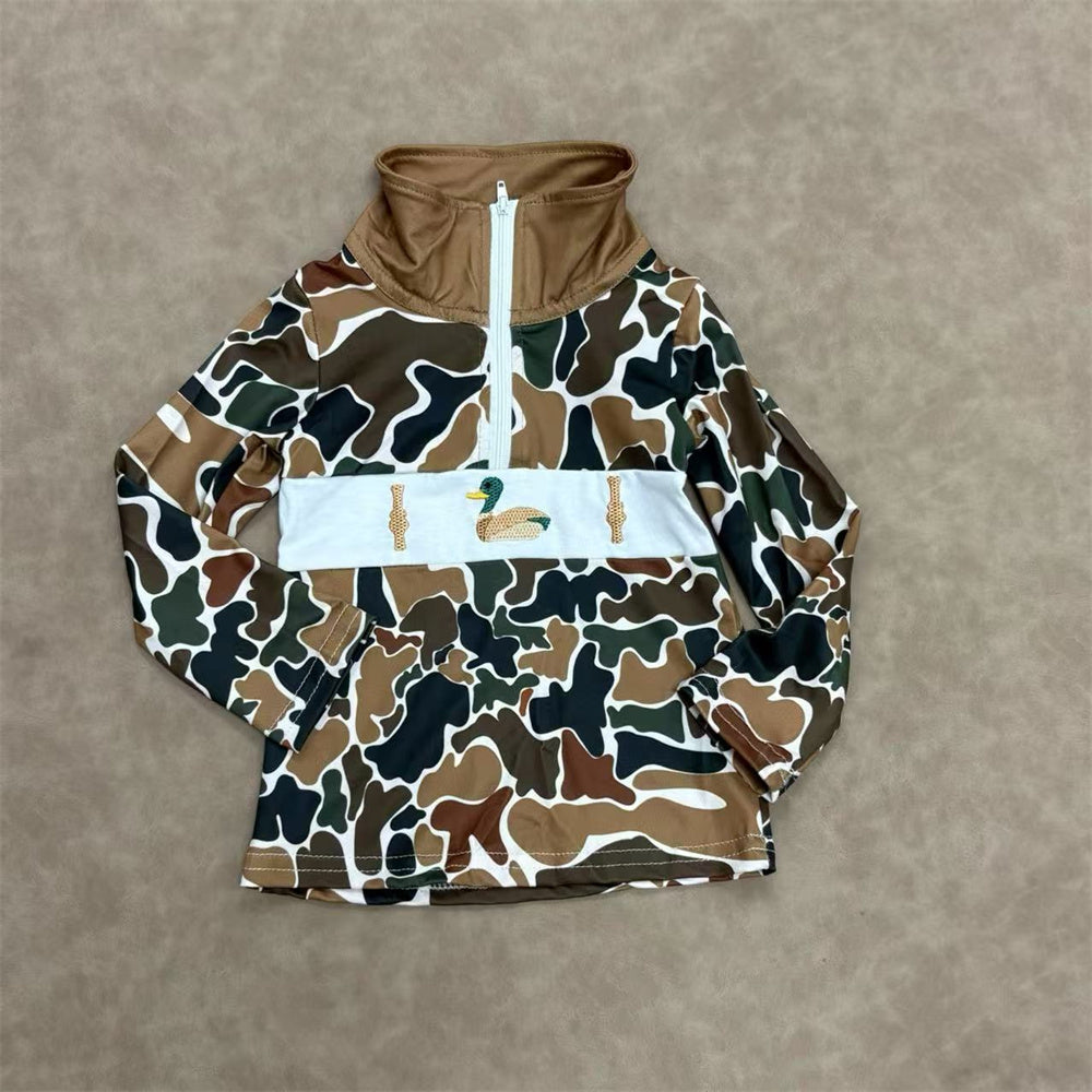 Sibling Baby Boys Long Sleeve  Huntng Embroidery Camo Zippy Pullover Top