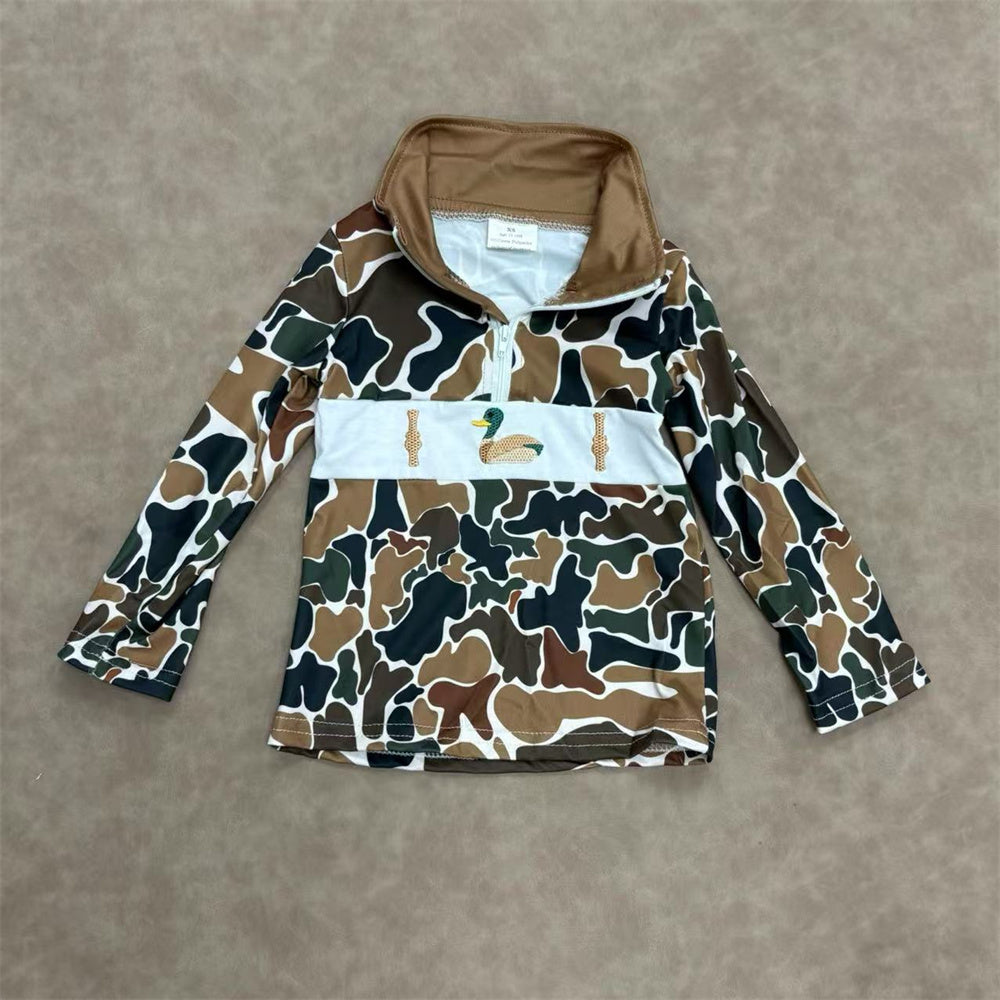 Sibling Baby Boys Long Sleeve  Huntng Embroidery Camo Zippy Pullover Top