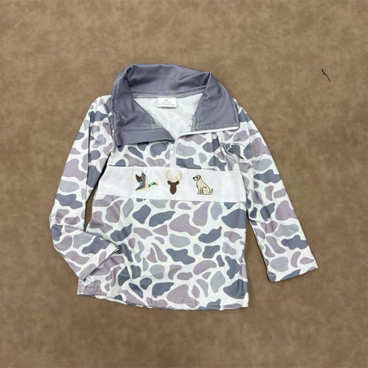 Baby Boys  Hunting Grey Camo Long Sleeve Embroidery Pullover Top