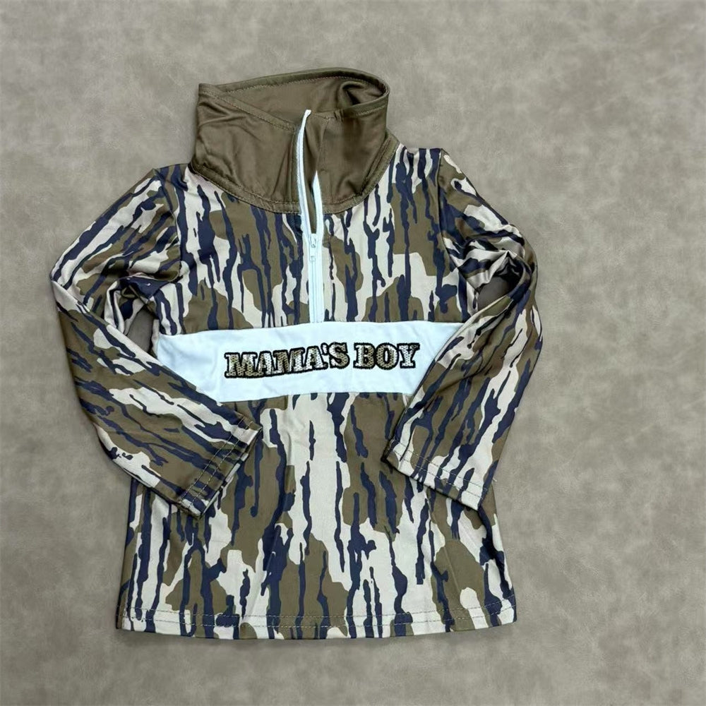 Sibling Embroidery Mama's Boys Mossy Camo Zip Pullover Top