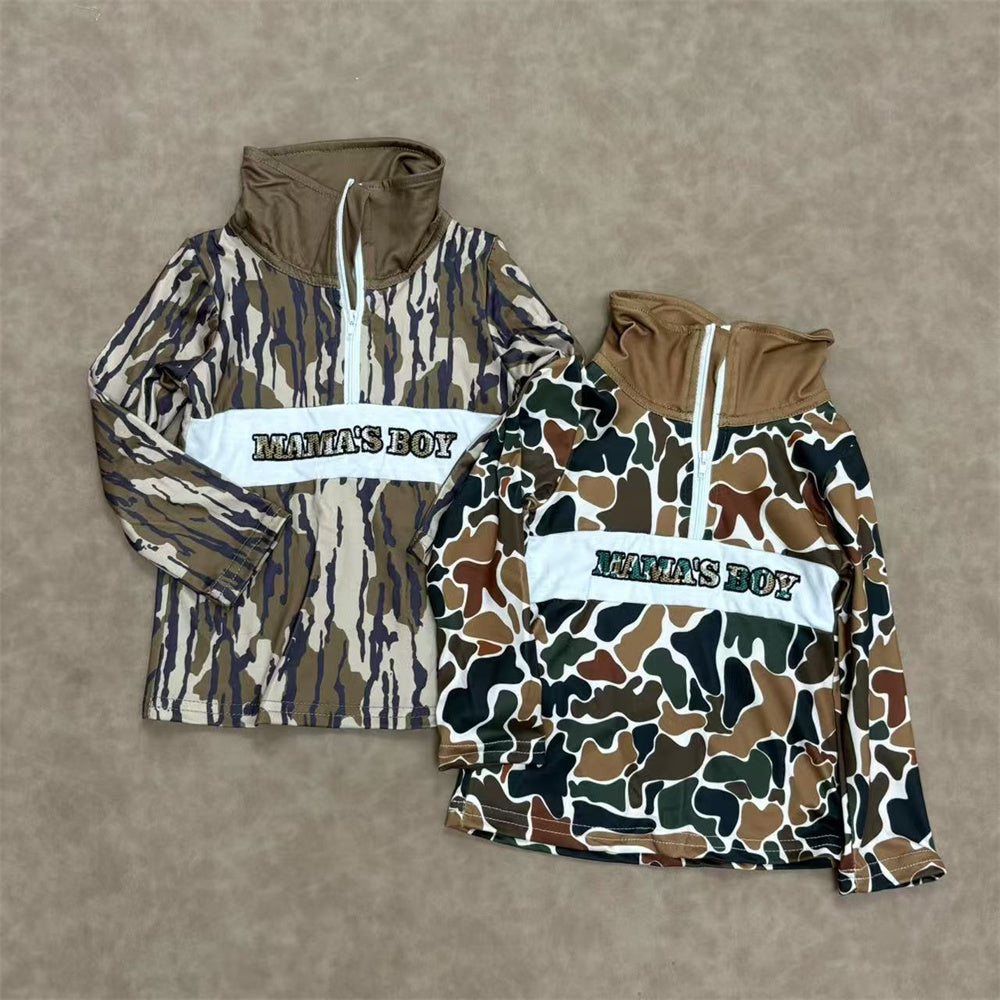 Sibling Embroidery Mama's Boys Mossy Camo Zip Pullover Top