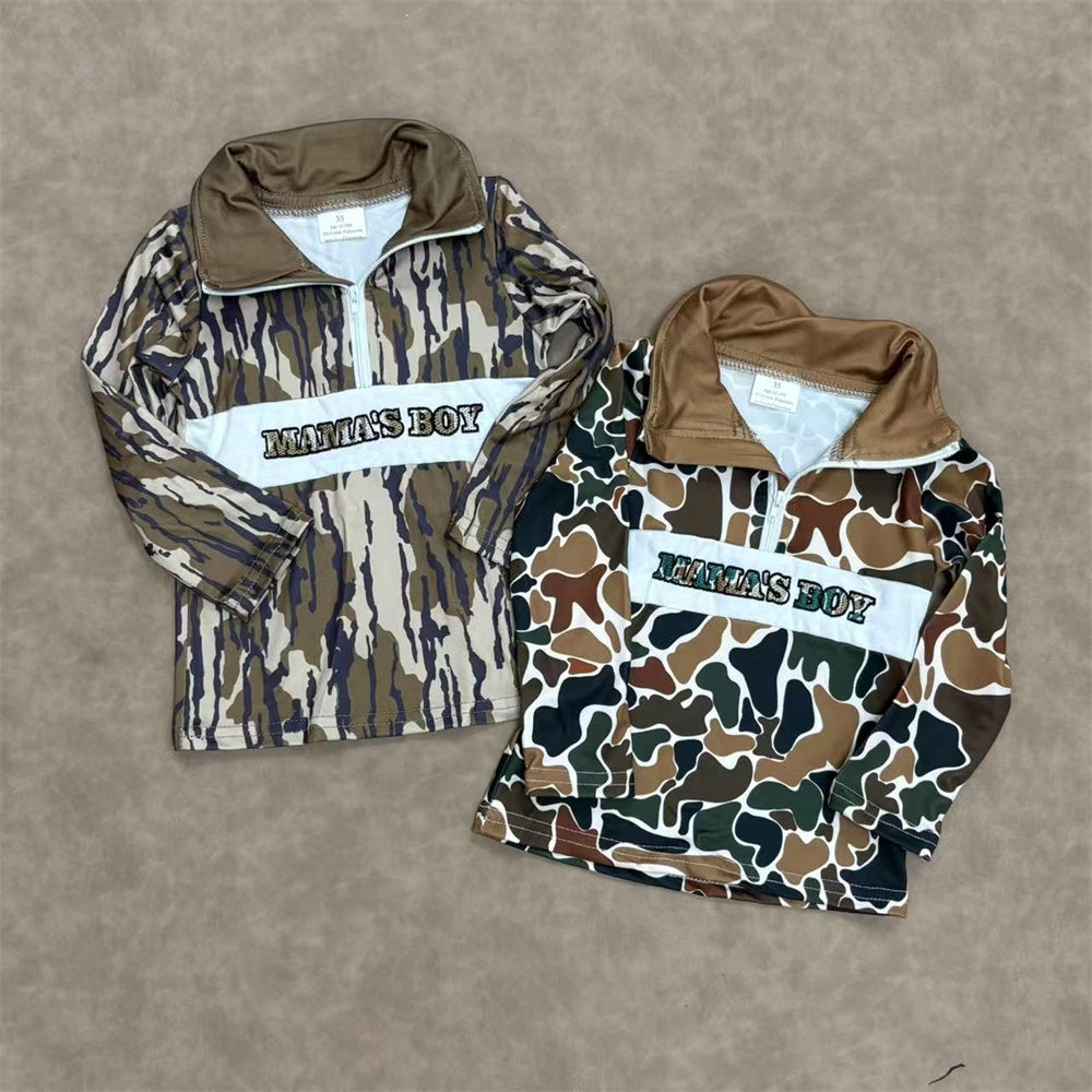 Sibling Embroidery Mama's Boys Mossy Camo Zip Pullover Top