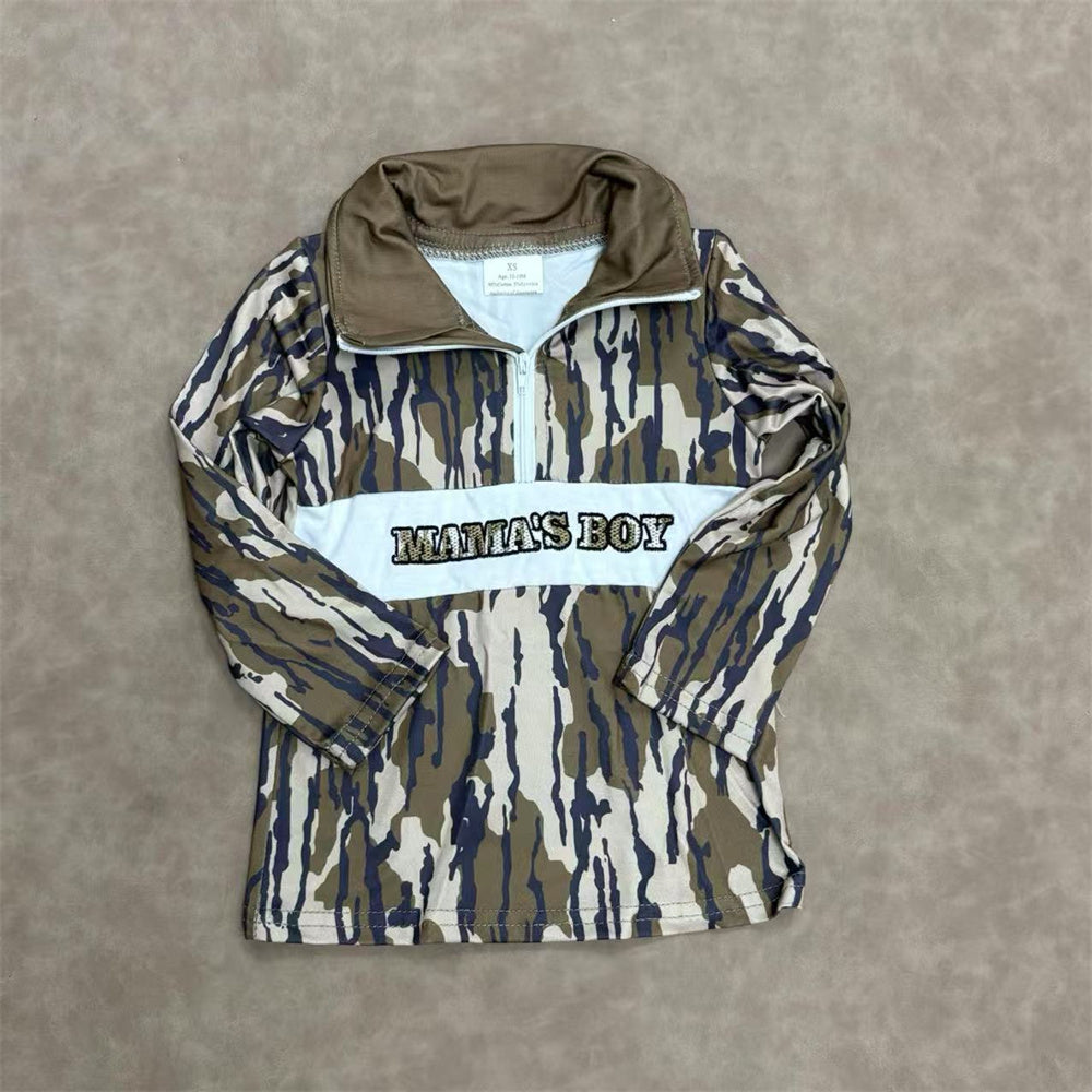 Sibling Embroidery Mama's Boys Mossy Camo Zip Pullover Top