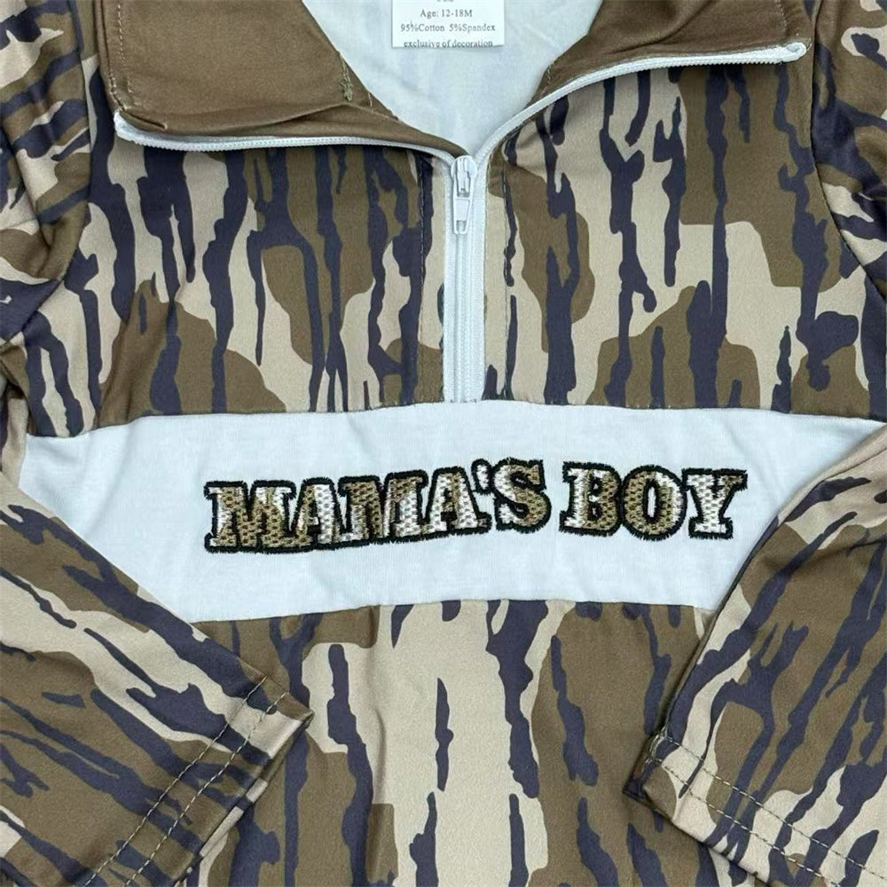 Sibling Embroidery Mama's Boys Mossy Camo Zip Pullover Top