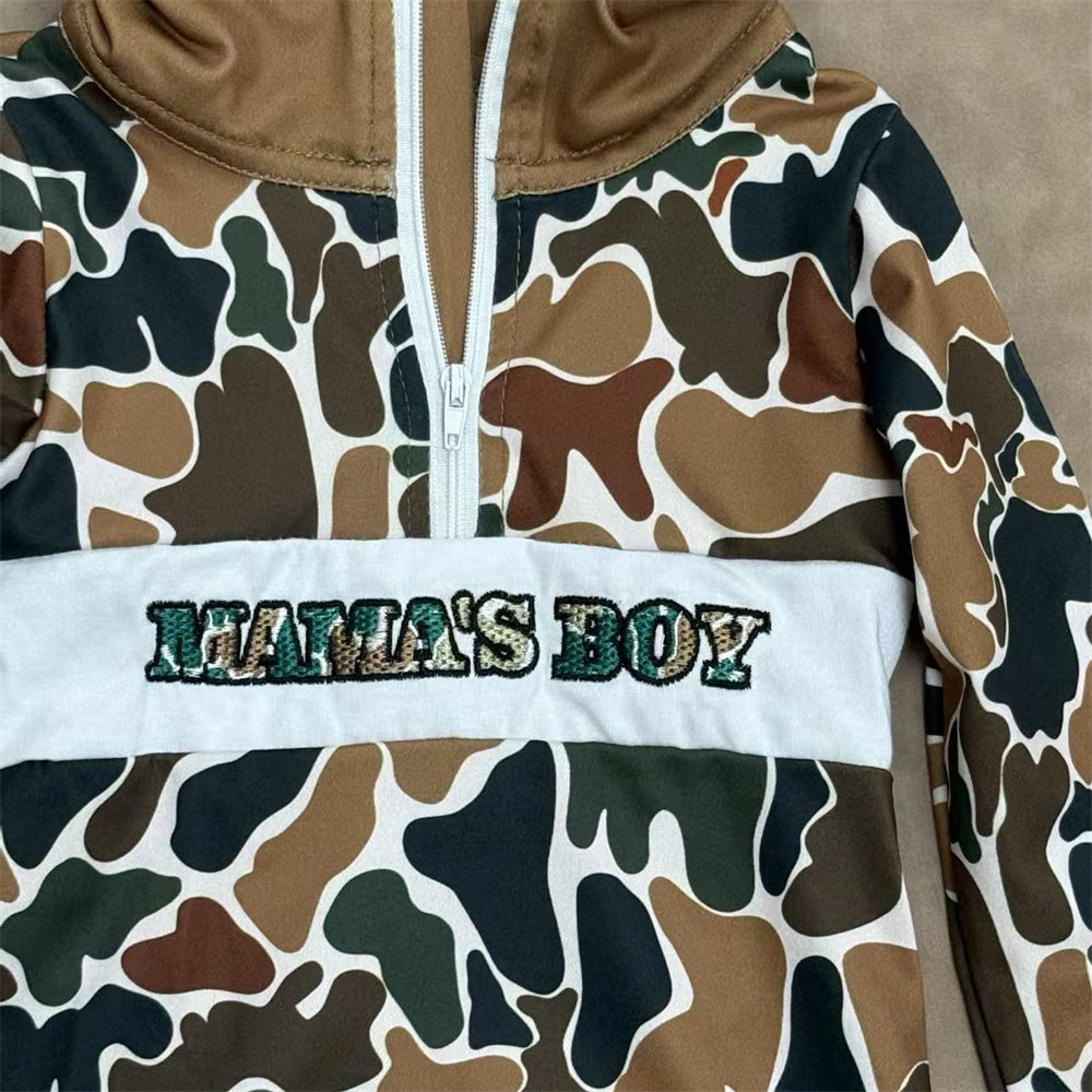 Sibling Embroidery Mama's Boys Mossy Camo Zip Pullover Top