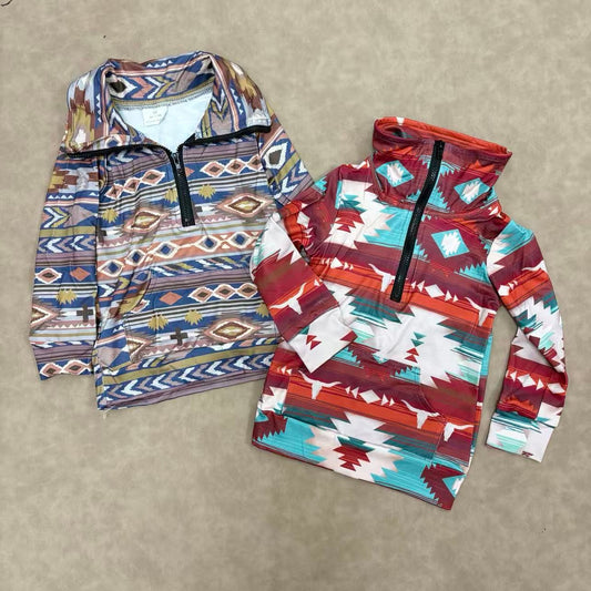 Sibling Baby Boys western Aztec Long Sleeve Pullover Top With Pocket