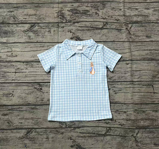 Baby Boys Light Blue Plaid Embroidery Bunny Button Down Polo Shirt Top Preorder