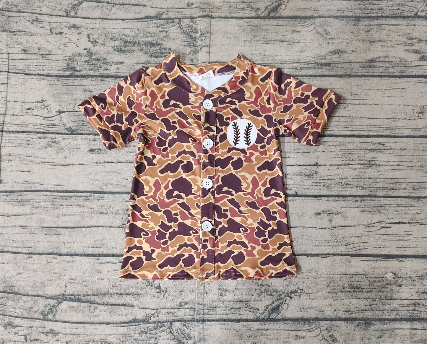 Bay Boys Brown Short Sleeves Camo Button Down Embroidery Baseball Shirt Top Preorder