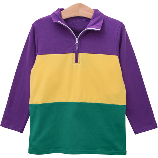 Baby Boys Long Sleeves Purple Yellow Green Zipper Mardi Gras Pullover Preorder