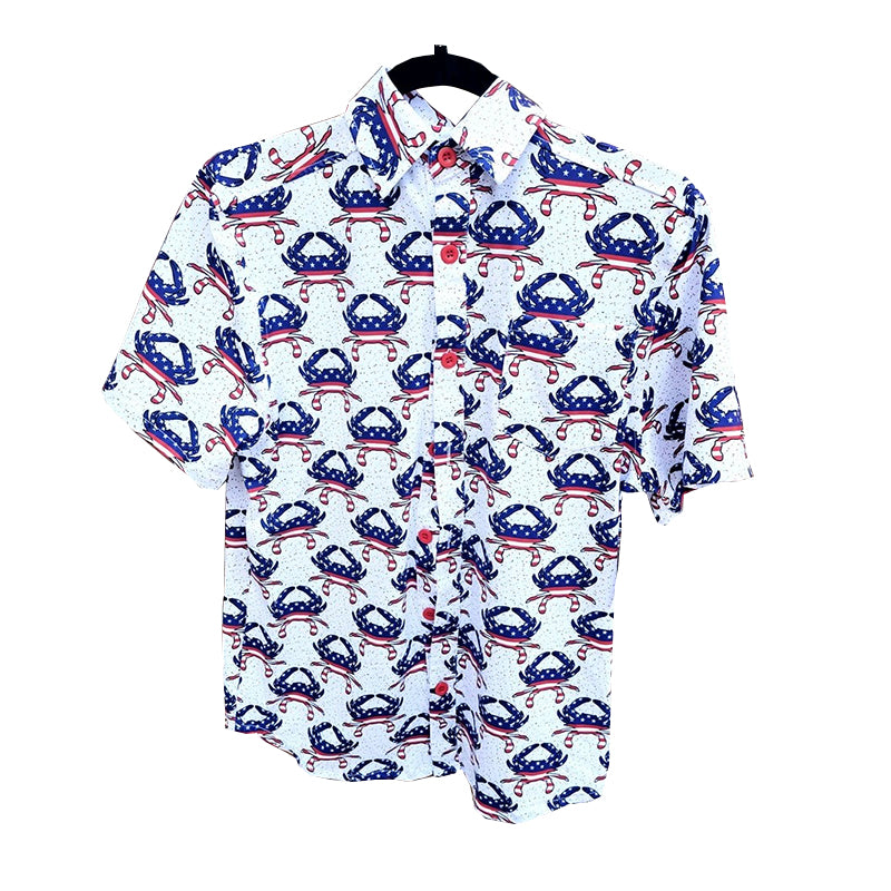 Baby Boys Blue Short Sleeves Button Down Blue Red Crabs 4th Of July Shirts Top Preorder