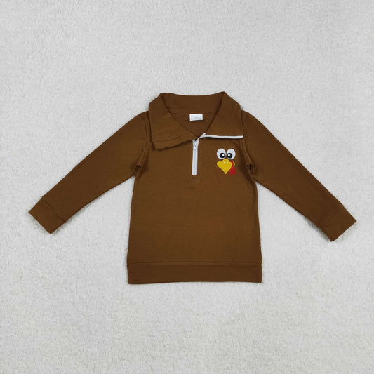 Kids Boys Thanksgiving Trukey Long Sleeve Brown Cotton Pullover Top