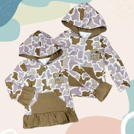 Baby Sibling Hunting Camo Applique Hound Long Sleeve Hooded With Half Zip and Pocket