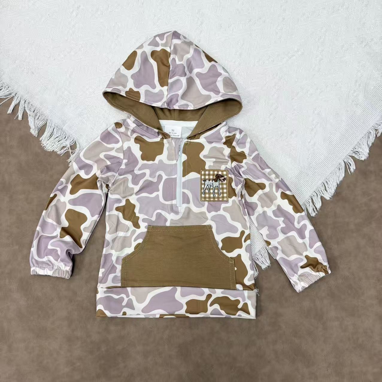 Baby Sibling Hunting Camo Applique Hound Long Sleeve Hooded With Half Zip and Pocket