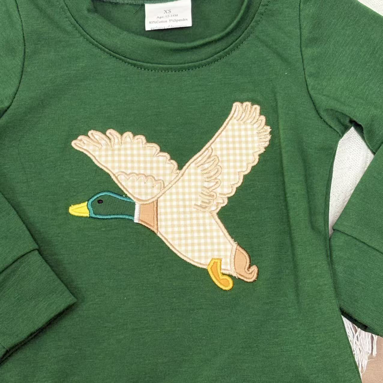 BT1334 Kids Boys Applique Duck Long Sleeve  Green Top