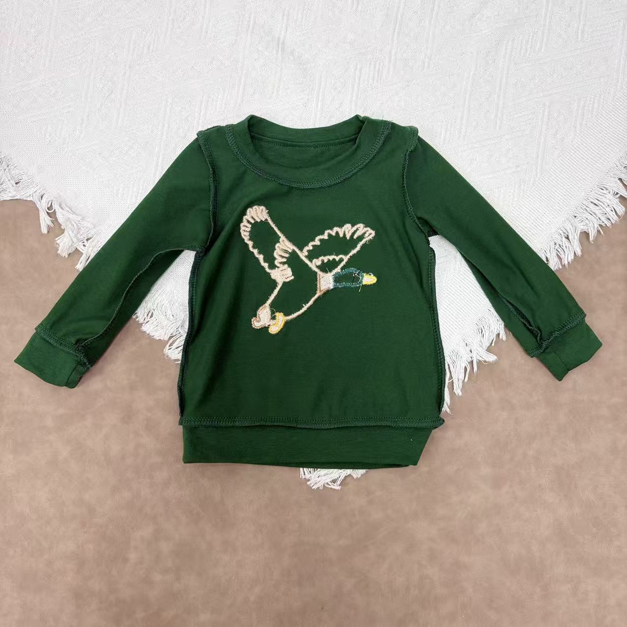 BT1334 Kids Boys Applique Duck Long Sleeve  Green Top